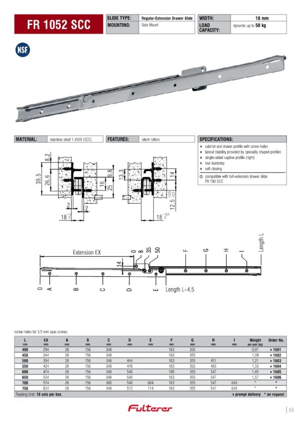 Glisiera de inox, L-550 mm