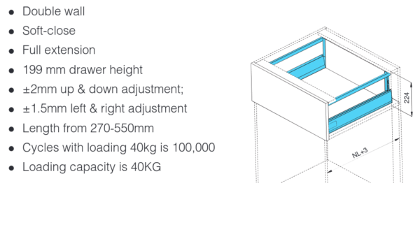 Sertar metalic Cemux A‑Box antracit, H199 mm, pentru corp 500 mm, cu reling - imagine 2